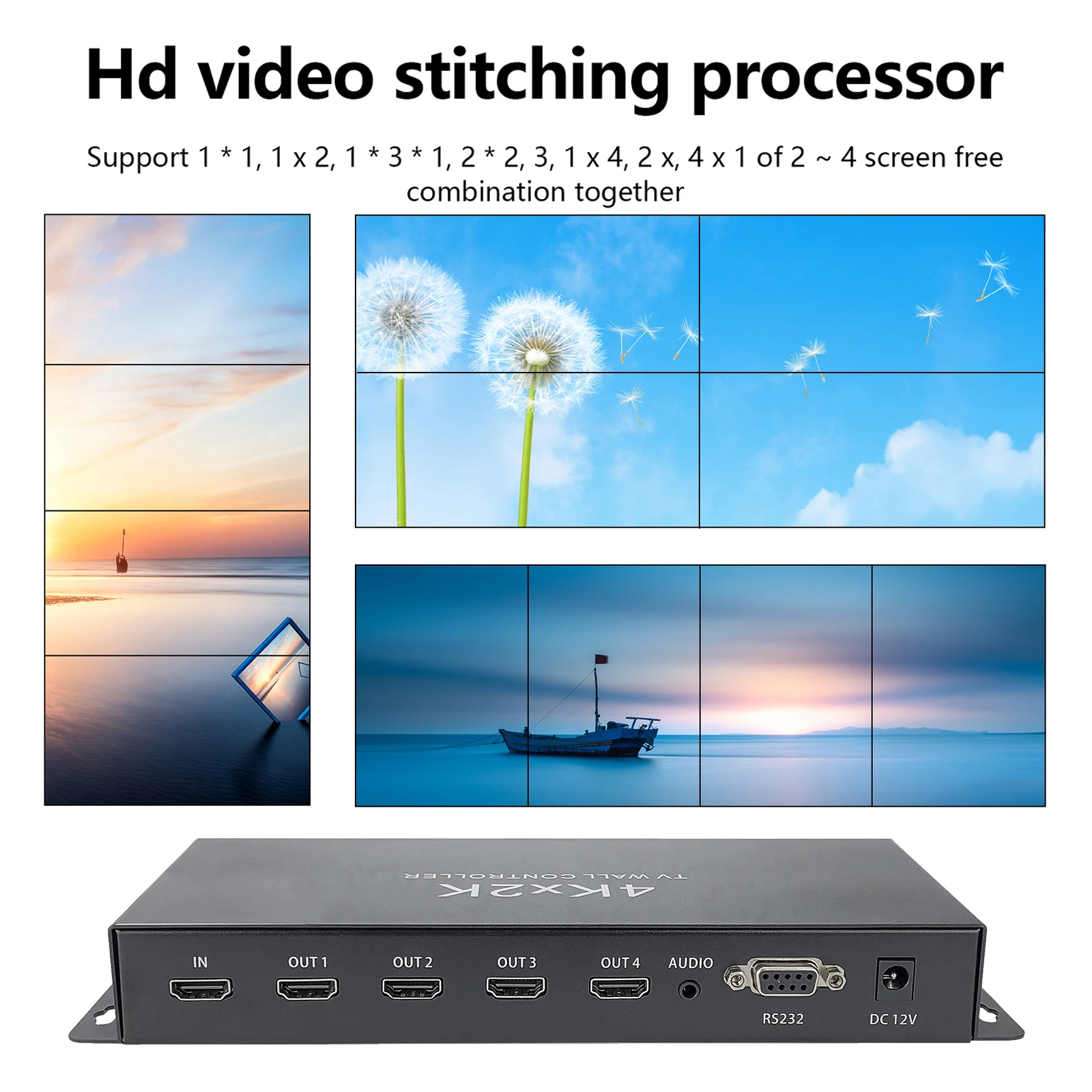 

2x2Video Wall Controller HD Processor MultiScreen Stitching For HDMI 1920x1080P60Hz 1 In 4 Out TV Splicing Box Splicer 180° Flip