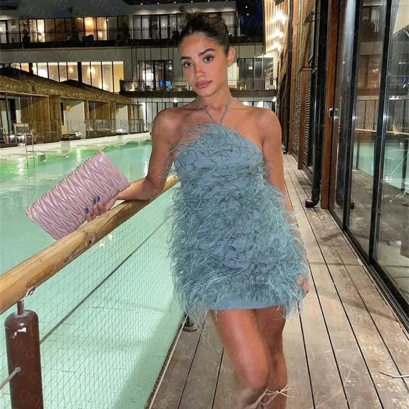 Women's Luxury New Fashion 100% Natural Feather Sexy Femme Ostrich Feather Hanging Neck Dress