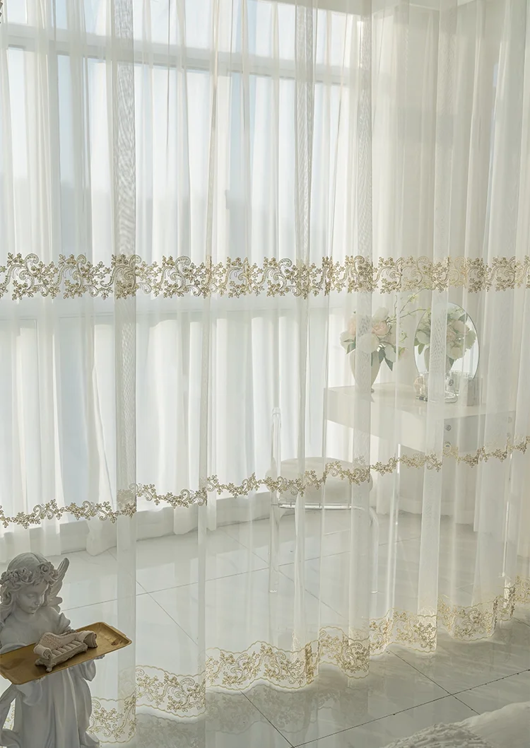 

European style simple and high-end bead embroidery Tulle Curtain For Living Room Elegant Flower Sheer Voile Drapes For Bedroom