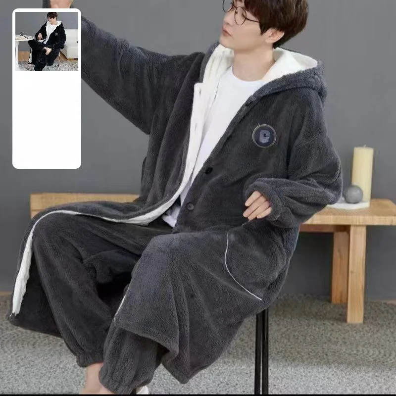 Winter Men's Nightgown Set Thickened Long Pajamas Coral Fleece Hooded Fleece New Bathrobes Student Loungewear Comfortable Simple