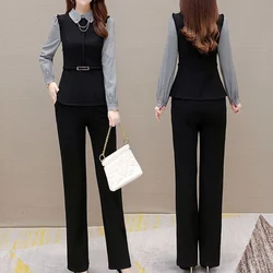 Spring Autumn Fashion Pant Sets Women Doll Collar Long Sleeve Button Zipper Pullovers Solid Color Elastic Waist Elegant Trousers