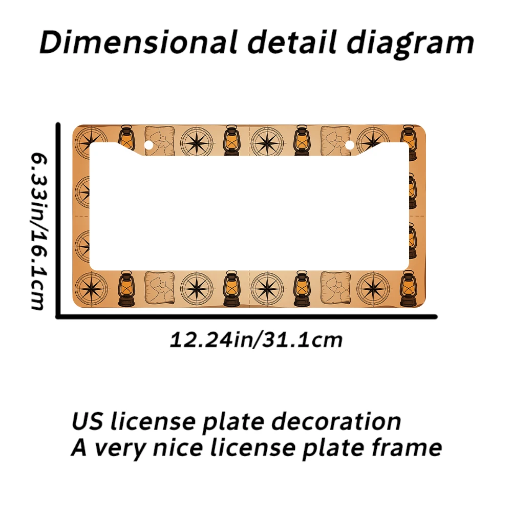 قطعة واحدة من إطار لوحة الترخيص ذو فتحتين بني عتيق مع نمط فانوس وبوصلة، مادة ألومنيوم، 6 × 12 بوصة، تتضمن طقم براغي