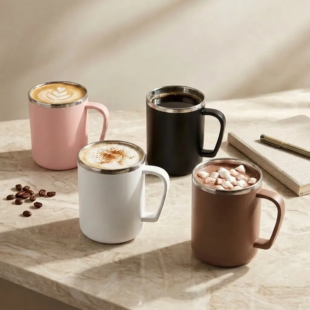 Mug à café thermique avec couvercle et poignée, en acier inoxydable 304, gobelet isotherme anti-fuite, tasse à thé de voyage pour le bureau, thermos, bouteille d'eau