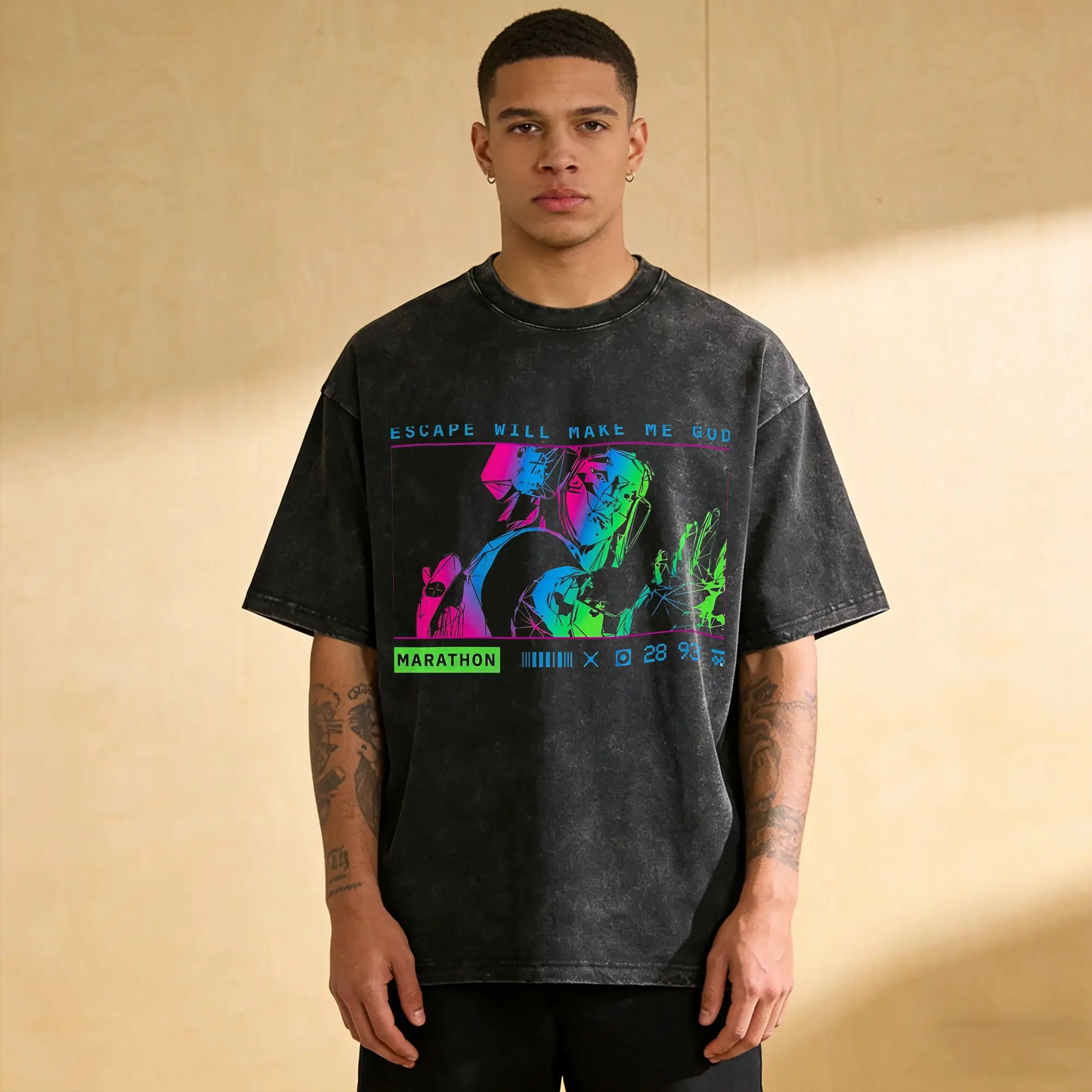 Casual Marathon Game  Vintage Washed T-Shirt Men 100%Cotton Short Sleeve Vandal Wireframe Escape Will Make Me God Summer Top Tee