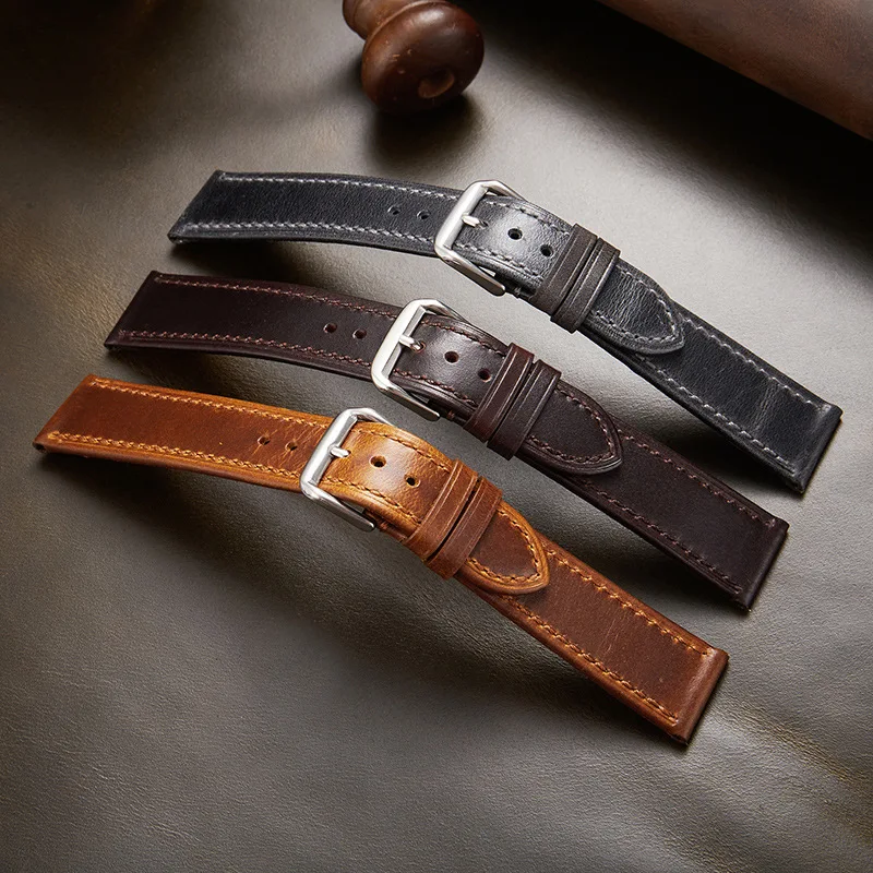 Cowhide Leather Watchband 18mm 20mm 22mm Business Men Women Watch Bracelet Retro Genuine Leather Strap Oil Wax Discoloration