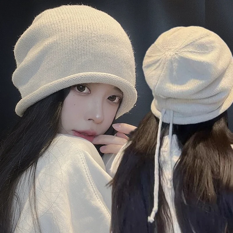 Weiche Baggy Beanie Hut Frauen Korea gestrickte Schädel kappen im Freien verstellbare Kordel zug Kpop Slouchy Streetwear Kopf bedeckung Motorhaube