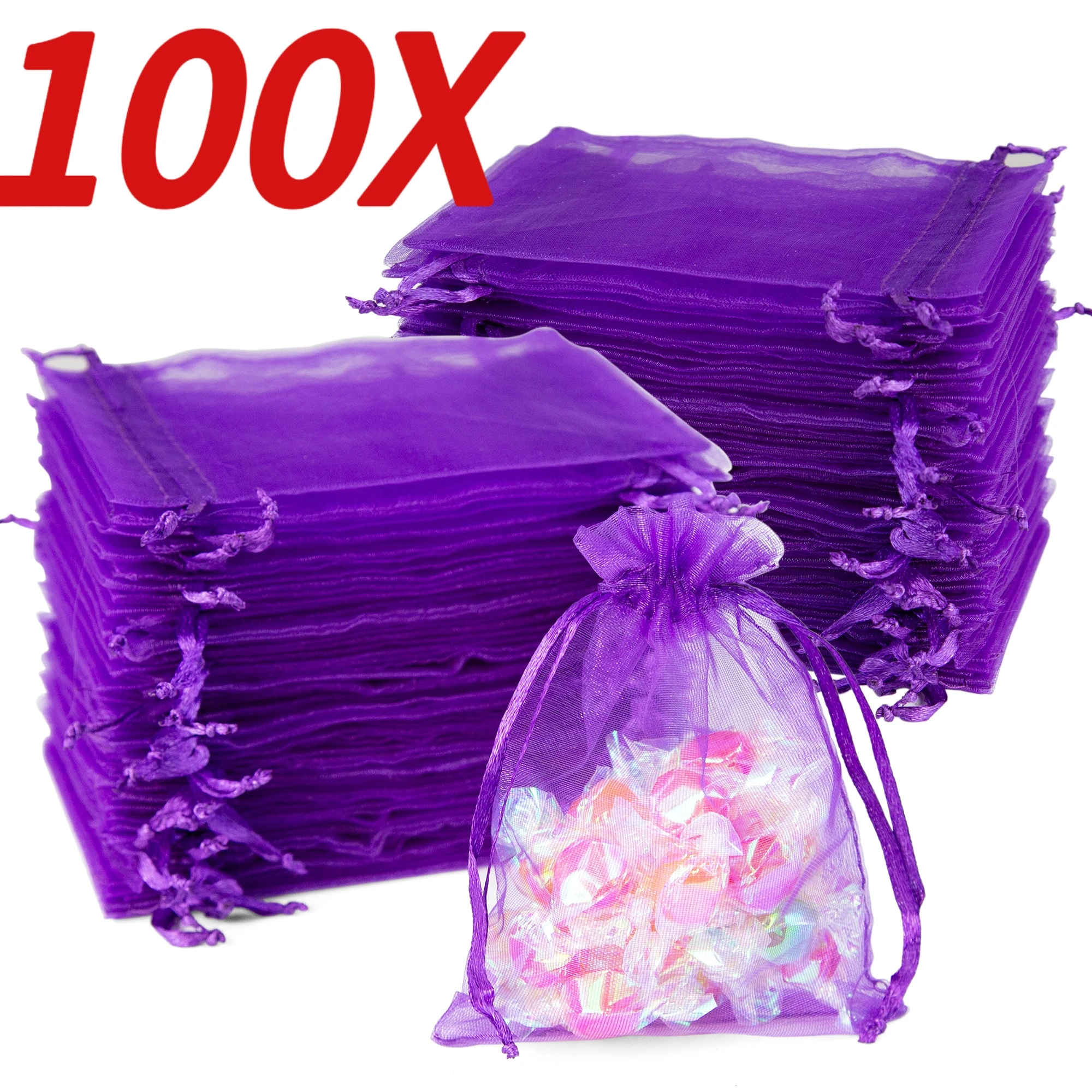 100 Stück Organza-Beutel, dunkelviolette Netz-Schmuckbeutel mit Kordelzug, kleine Geschenkbeutel mit Kordelzug für Weihnachten, Süßigkeiten, Hochzeit, Geburtstag – Detail 1