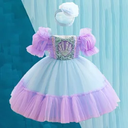 Baby Girls Bow Ariel Dress Clothes Bubble Sleeve Mesh Skirt Rainbow Princess Dress Costume For Baby Girl Mermaid Cosplay Costume