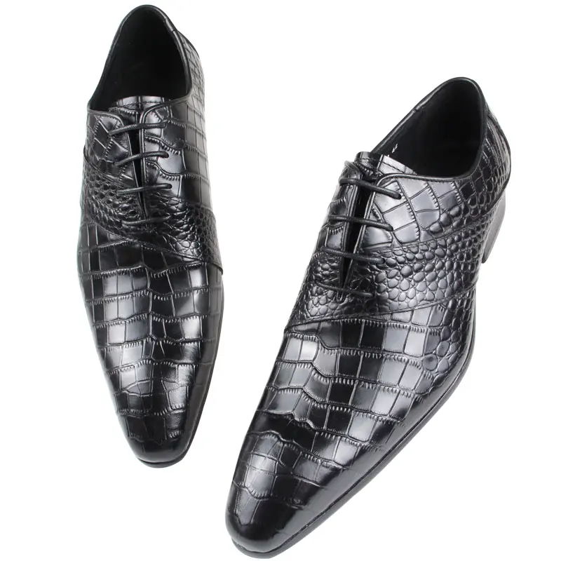 Zapatos de vestir Oxford de cuero marrón para hombres, punta estrecha, Derby, boda, negocios, diseño especial, grano de cocodrilo, zapatos genuinos,