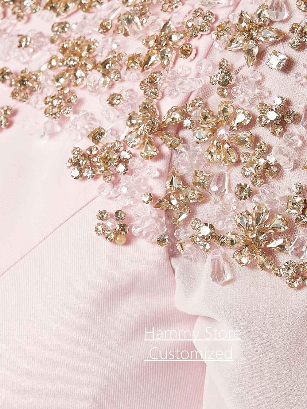 Pale Pink Evening Dress with Beading Crystal Customized Round Neck Long Sleeves Arabian Wedding Party Gown Prom Dresses image 4