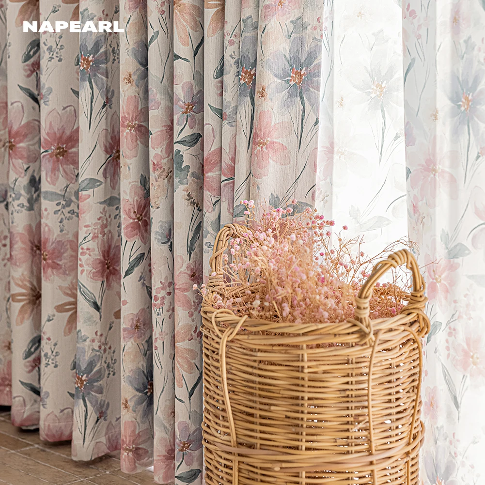 

NAPEARL Pastel Floral Printed Curtain for Living Room Bedroom 90% Blackout Romantic Window Drapes Valentine's Day Themed Decor
