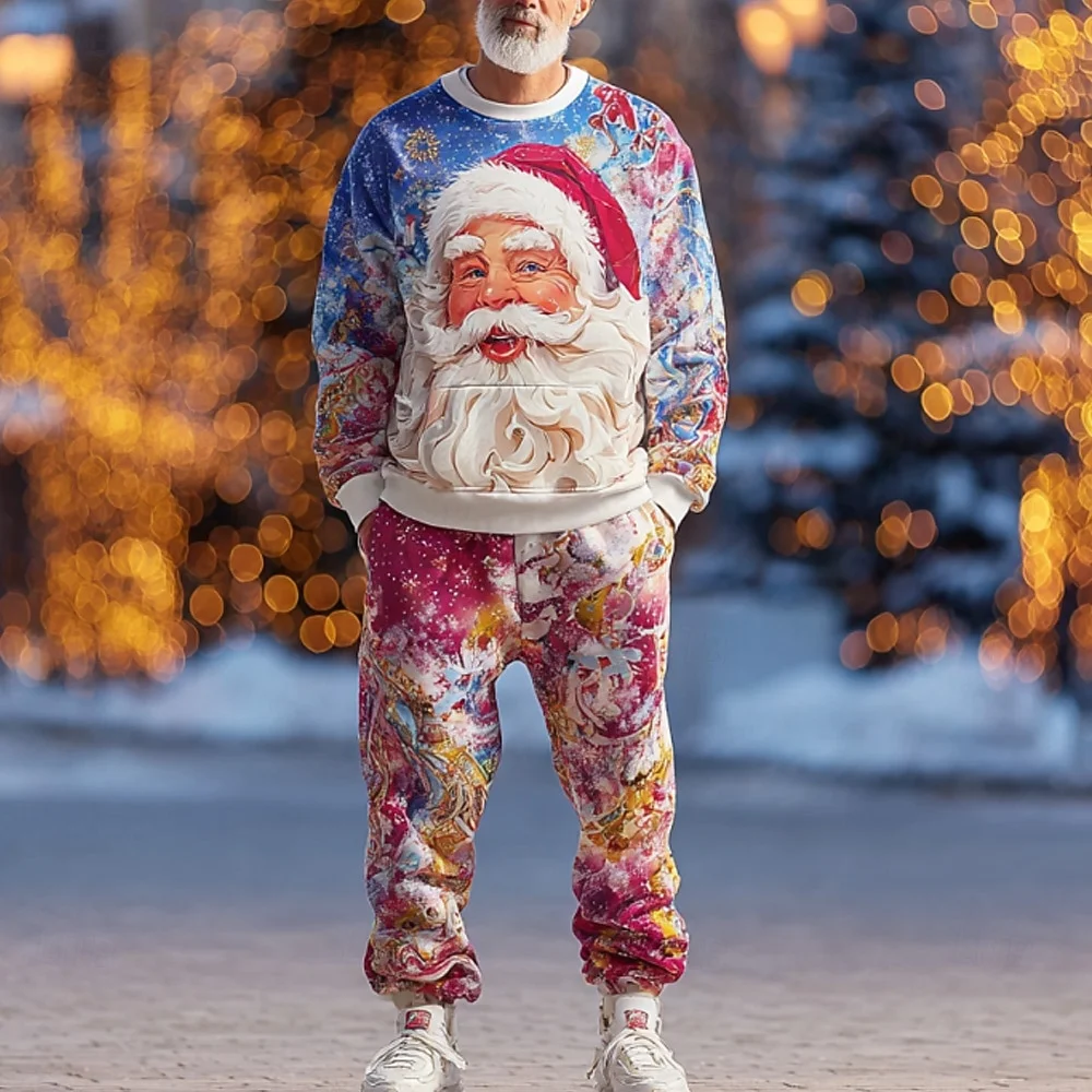 

Рождественский костюм с капюшоном с 3D принтом Санта-Клауса, мужские толстовки, спортивные штаны, повседневный модный спортивный костюм из двух предметов, пуловер, мужской костюм