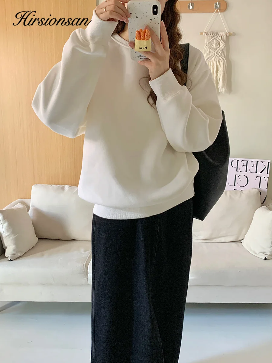 

Hirsionsan флисовый бежевый с круглым вырезом, однотонный тонкий бархатный свитшот с круглым вырезом, женский осенний свитшот 202, Новое поступление