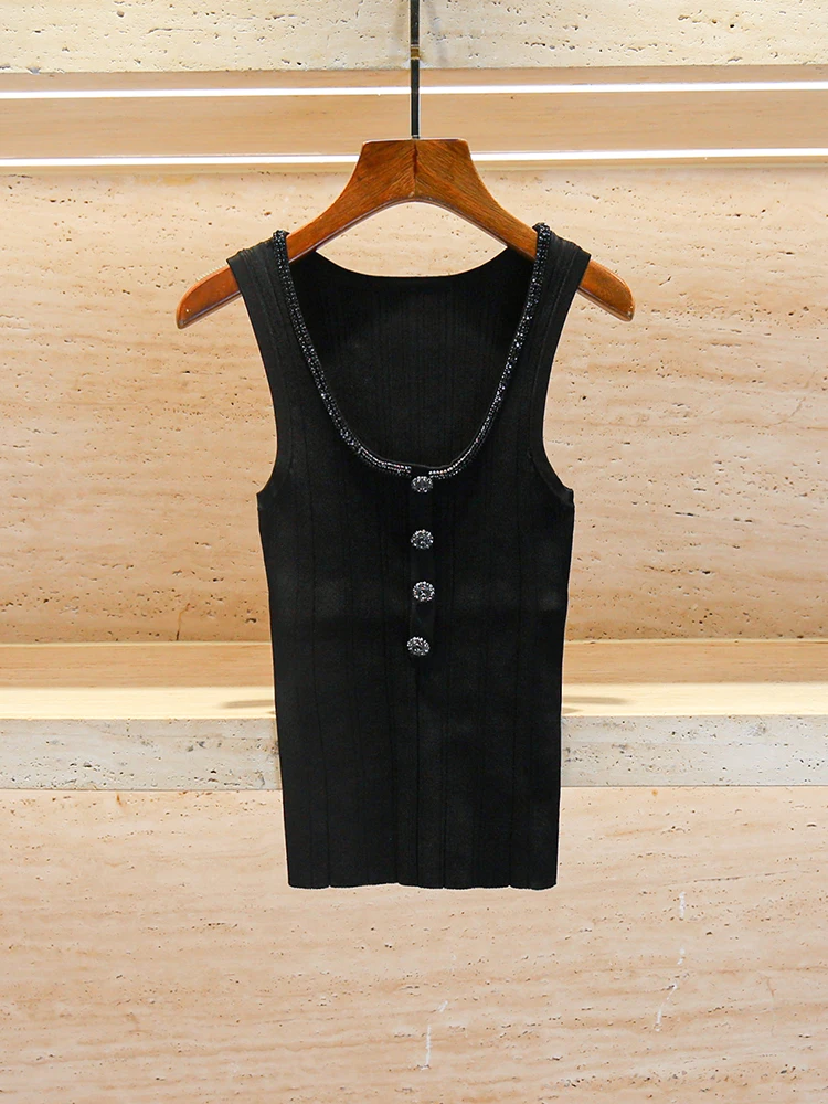 

Luxury European Sle Women's Knitted Vest Top Diamond Embellied Svel Faion Commute Slim Fit ort Length Color