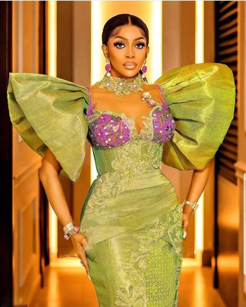 Nigerianischen Aso Ebi Lange Abendkleid 2023 Puff Ärmeln Spitze Taft Afrikanischen Formale Anlass Kleider Plus Größe Mantel Prom Kleider