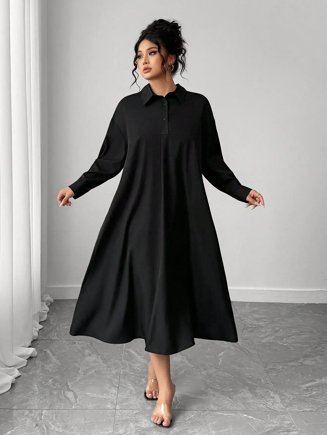 

Черное однотонное платье-рубашка свободного кроя, повседневное, А-силуэт, миди