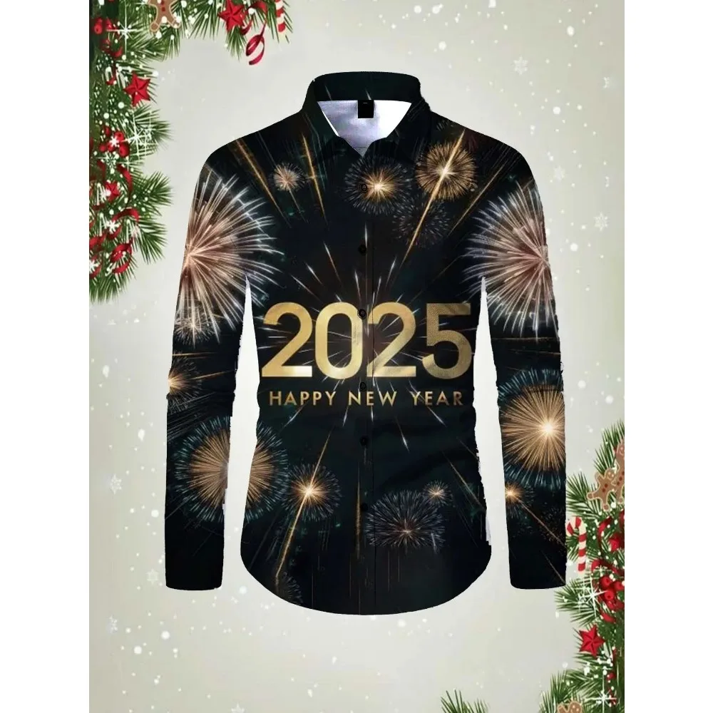 2025 Happy New Year Pattern 3D printed Men's long sleeved shirt top spring autumn new fashion casual unisex clothing