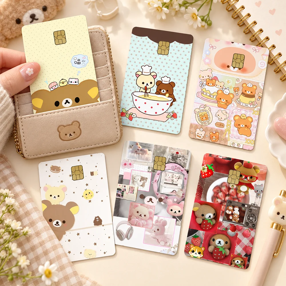 Cute Bear Chip Card Sticker Kawaii Bank Card Skin Pastel Cartoon Design for Debit Credit Transit Card Wallet Decoration Gift