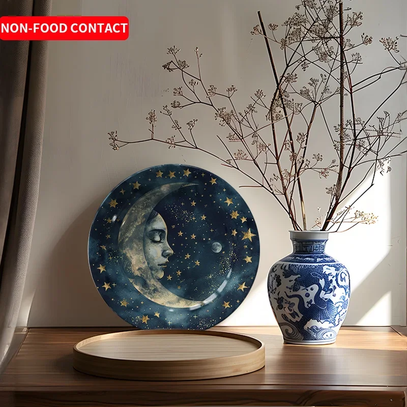 1pc Christmas 2D Planetary Goddess Ceramic Decorative Plate | Star and Moon Theme Wall Art, Non-Food Contact, Vintage Ceramic