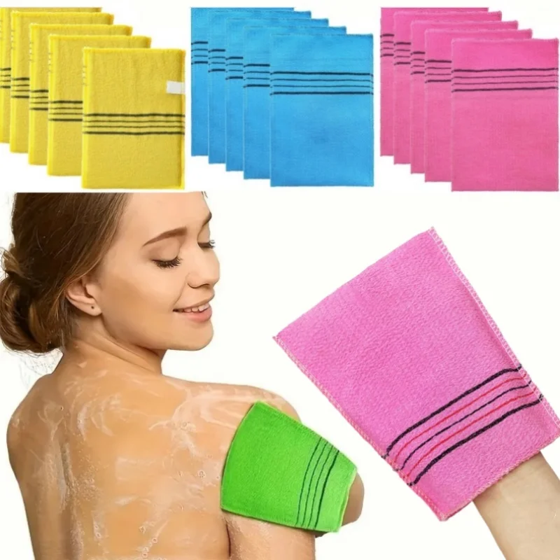 Toalhas de banho esfoliantes estilo coreano, 5 peças, luvas de banho de nylon 150d, textura de areia fina, tiras de banho para esfoliação corporal e remoção de lama
