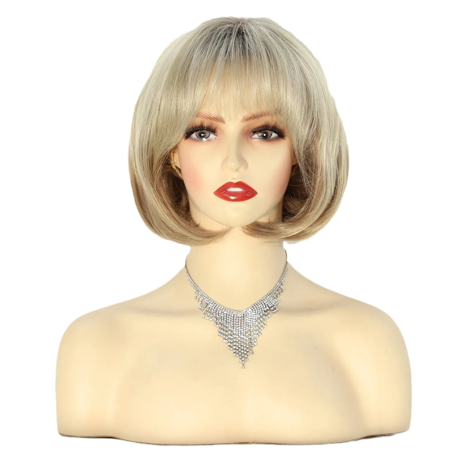 الباروكات الأوروبية والأمريكية الإناث الشعر القصير التغيير التدريجي شعر مستعار أشقر بوبو مشبك داخلي شعر مستعار من الألياف الكيماوية أغطية الرأس #4