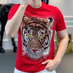 Summer New European Heavy Industry Tiger Pattern Hot Diamond Fashion Light Luxury Versatile Men Slim  Round Neck Short Sleeve