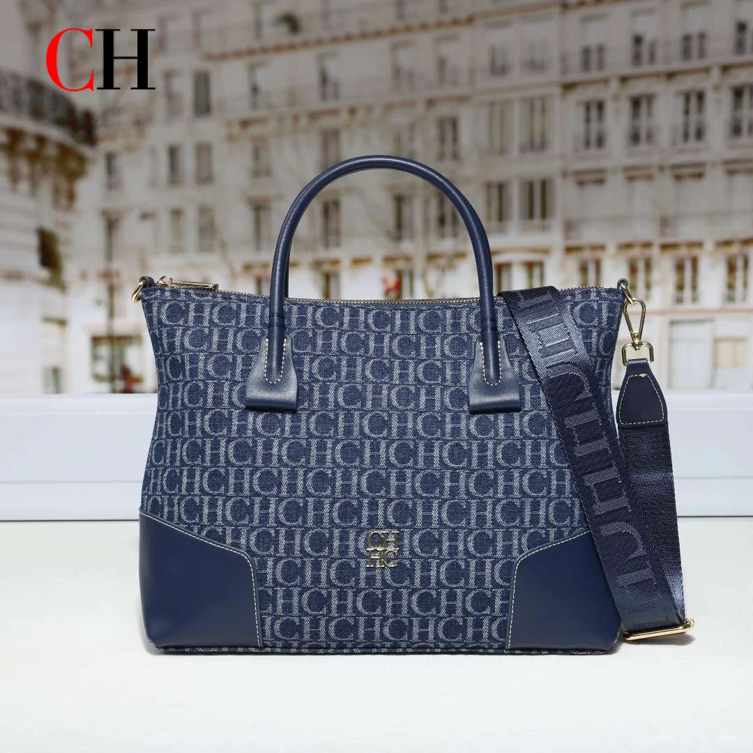 CH Women Handbag Letter Denim Print Tote Bag Wide Shoulder Strap Ladies Top Handle Crossbody Purse Daily Shopper Bag