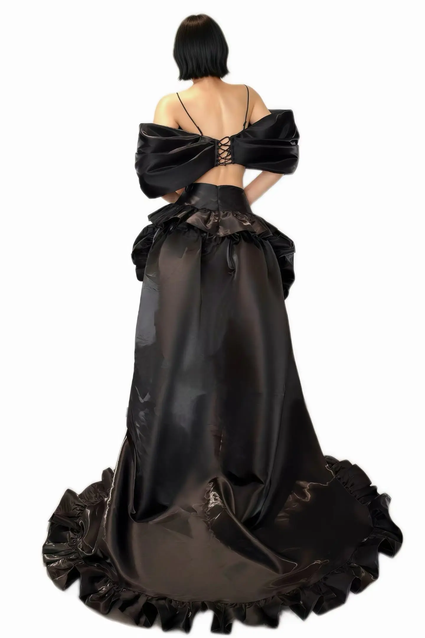 Sexy Women Black Satin Bow Outfit Crop Top High Low Ruffle Skirt Two Piece Birthday CelebrateTheme Party Evening Gown Hudiejie
