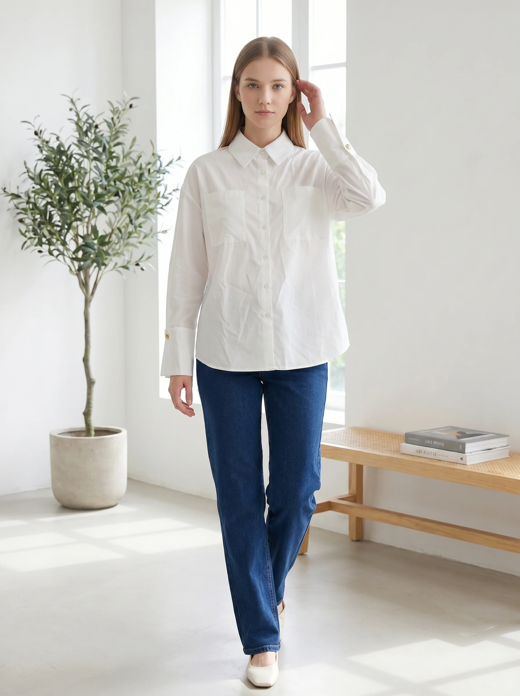 Plus-size Women's Shirt with A Turn-down Collar, Loose Fit, and Unique Gold Button Embellishments, Suitable for Casual Wear. view 5