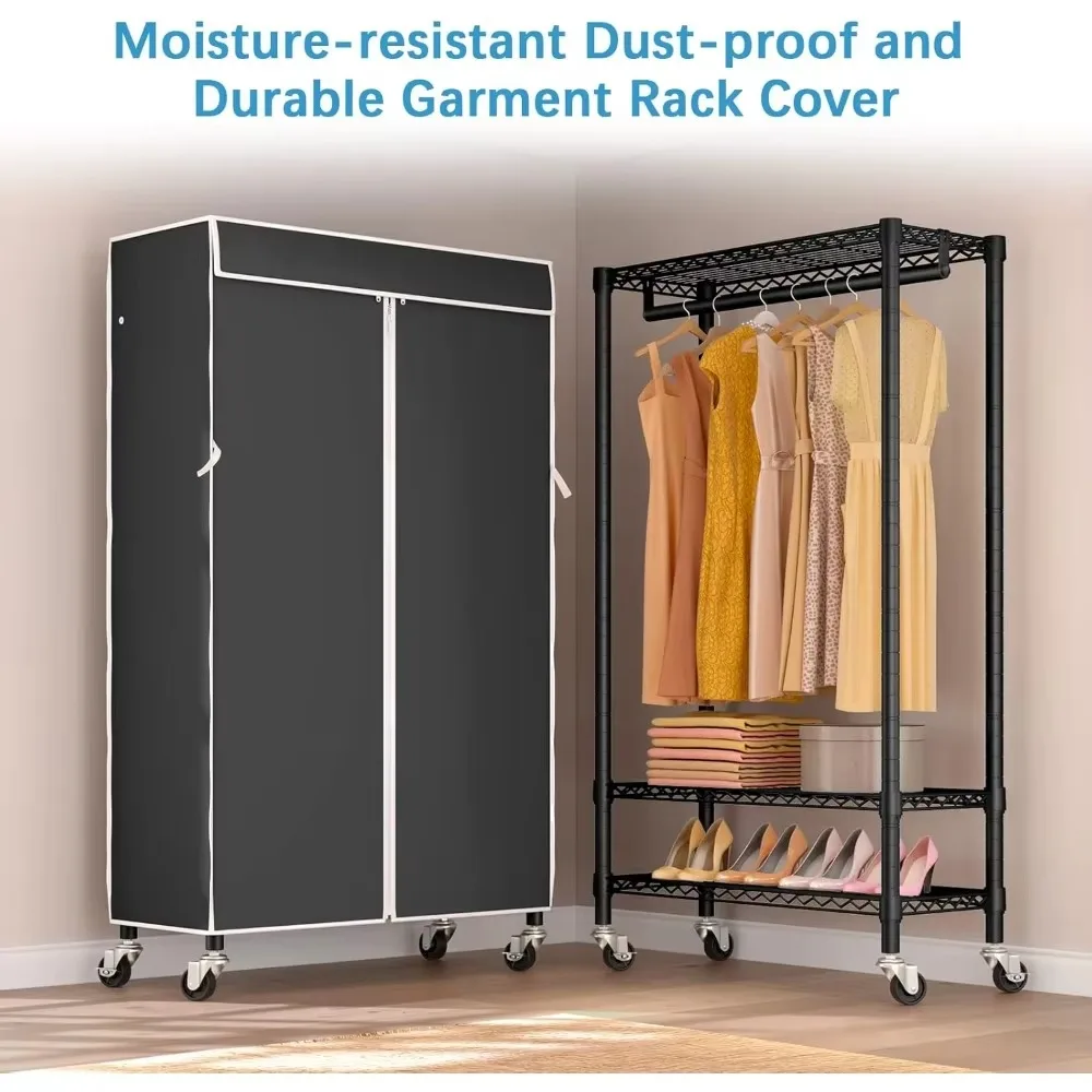 Clothes rack with lid portable wardrobe to hang clothes, heavy duty clothes rack self-standing hanger with wheels and rail