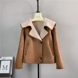 Female Pure Wool Splicing Navy Collar Suede Jacket Women Sheep Shearling Short Warm Coat PT451