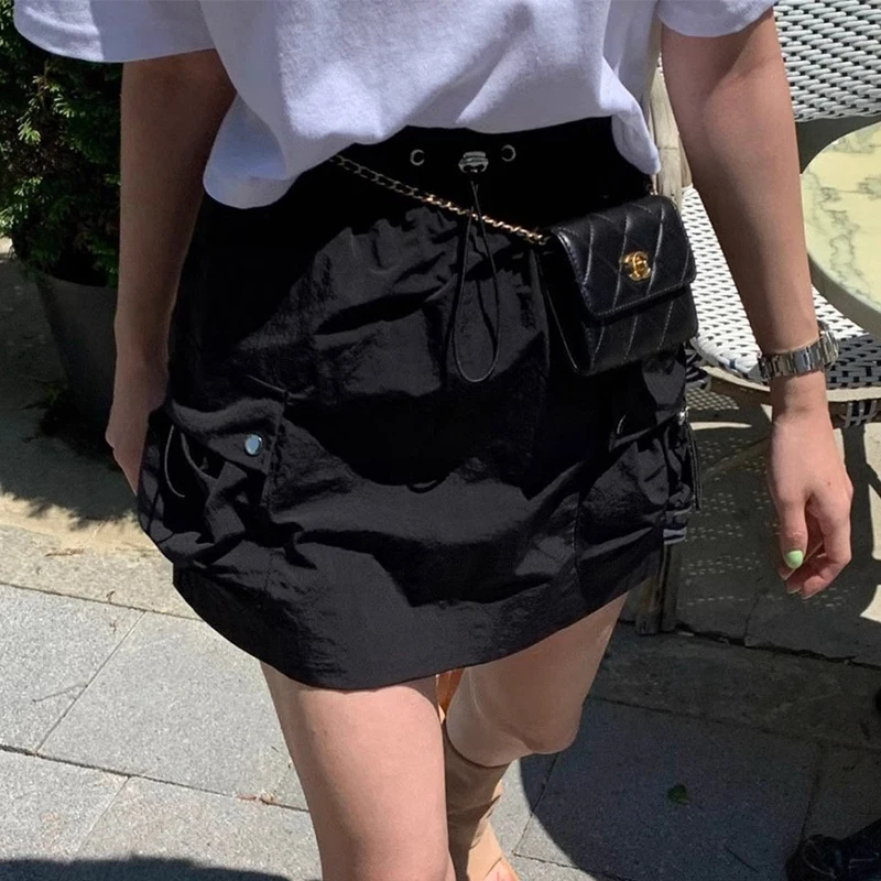 달콤한 세련된 여름 탄성 허리 작업 스커트 미니 스커트 여성 하이 웨이스트 포켓 디자인 한국 스타일 통근 짧은 스커트