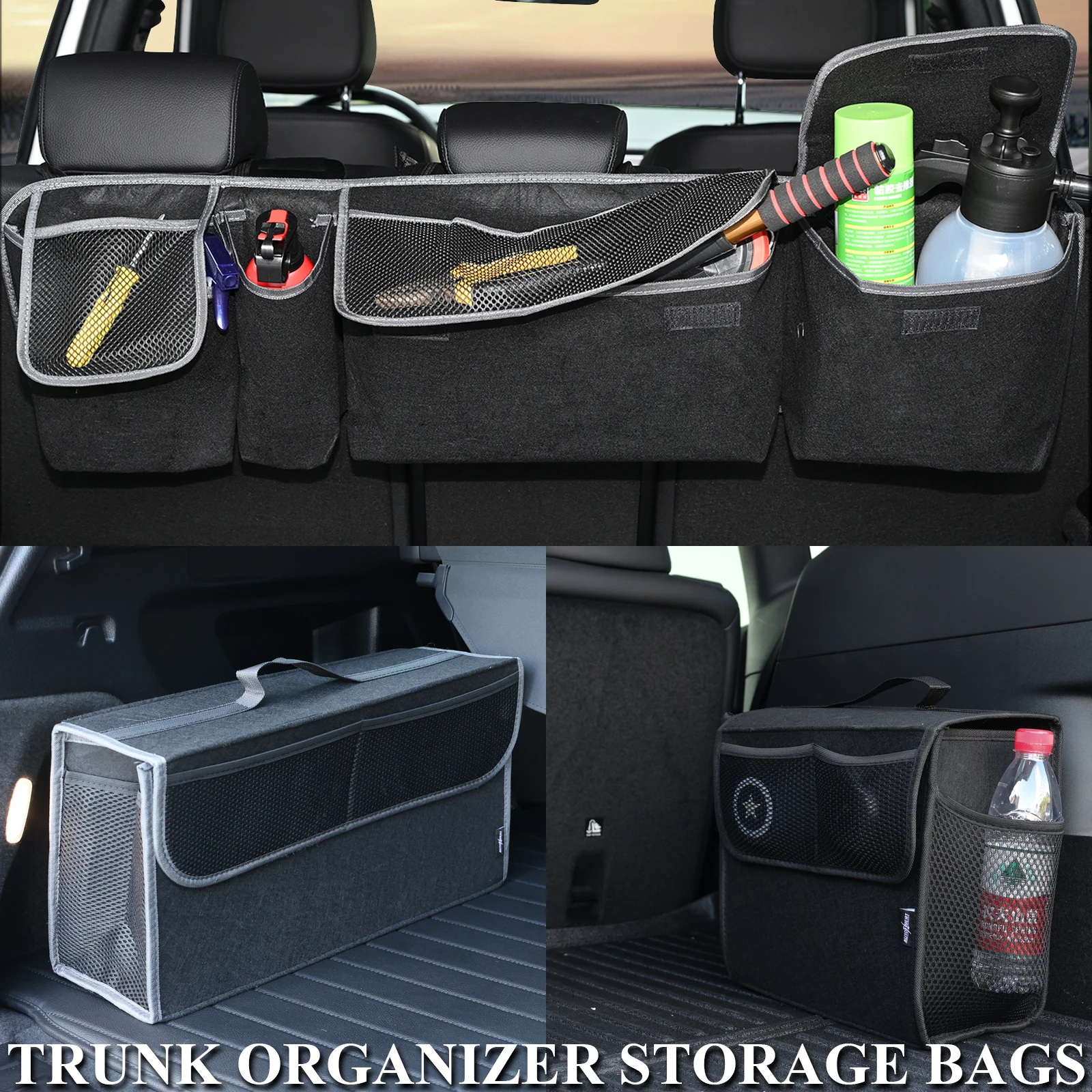 Car Trunk Organizer Felt Boot Organiser Storage Bag Box Portable Handbag Cargo Tool Holder Mesh Net Pocket Collapsible Universal