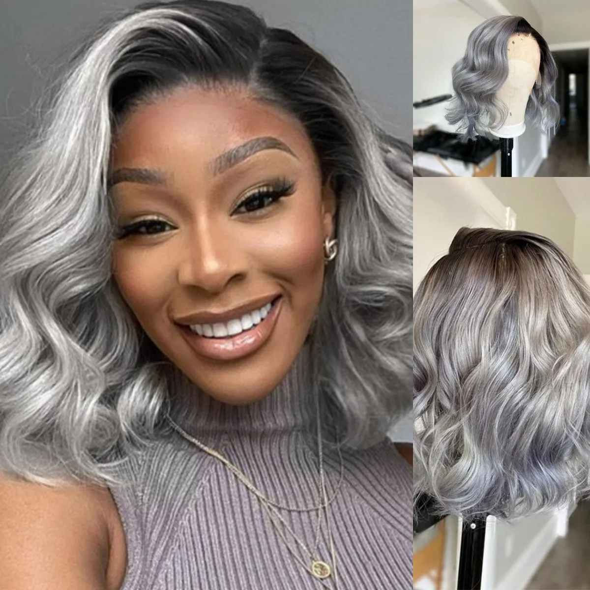 Hd Ash Grey Colored Blonde Ombre Short Bob Natural Wave 13x4 Lace Front Human Hair Wigs Dark Roots Side Parting  Baby Hair 180%