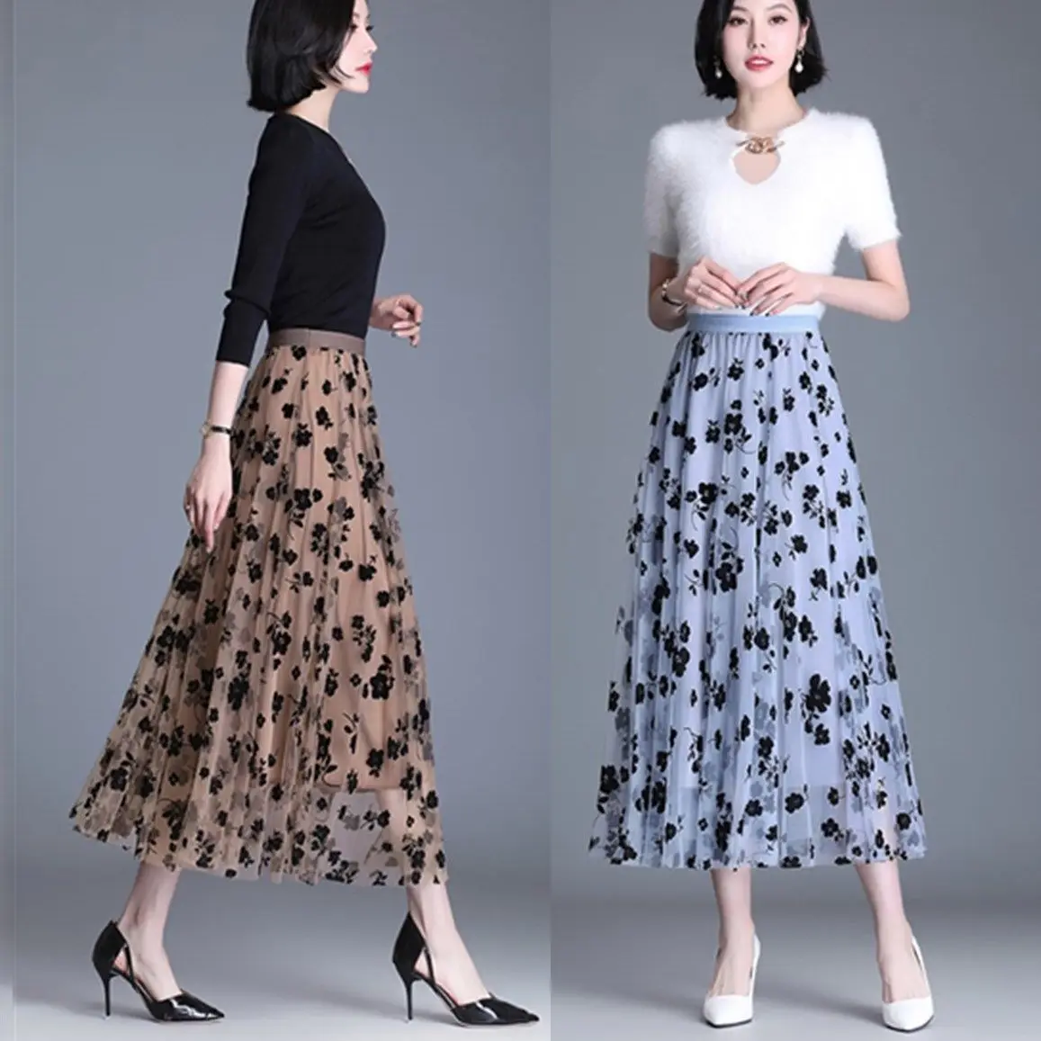 Mesh Half-length Skirt New Floral Pleated A-word Big Skirt Women Long High Waist Slim Gauze Skirt