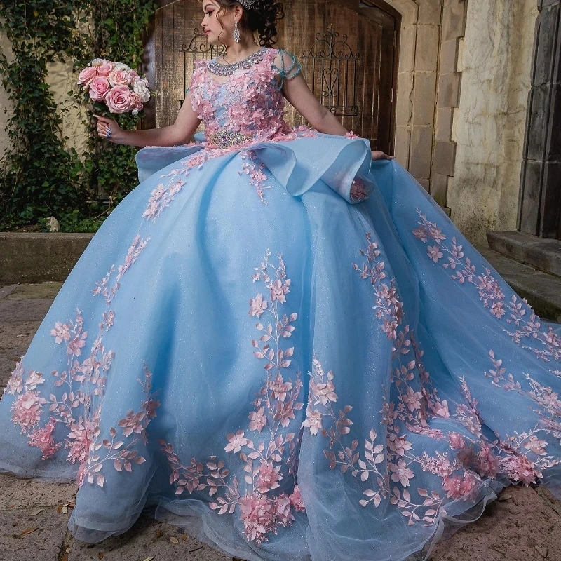 

Бальное платье небесно-голубого цвета, платья для Quinceanera 2024, с аппликацией из бисера, с 3D цветами, красивое платье, 16 платьев, на шнуровке, корсет, платья 15 лет