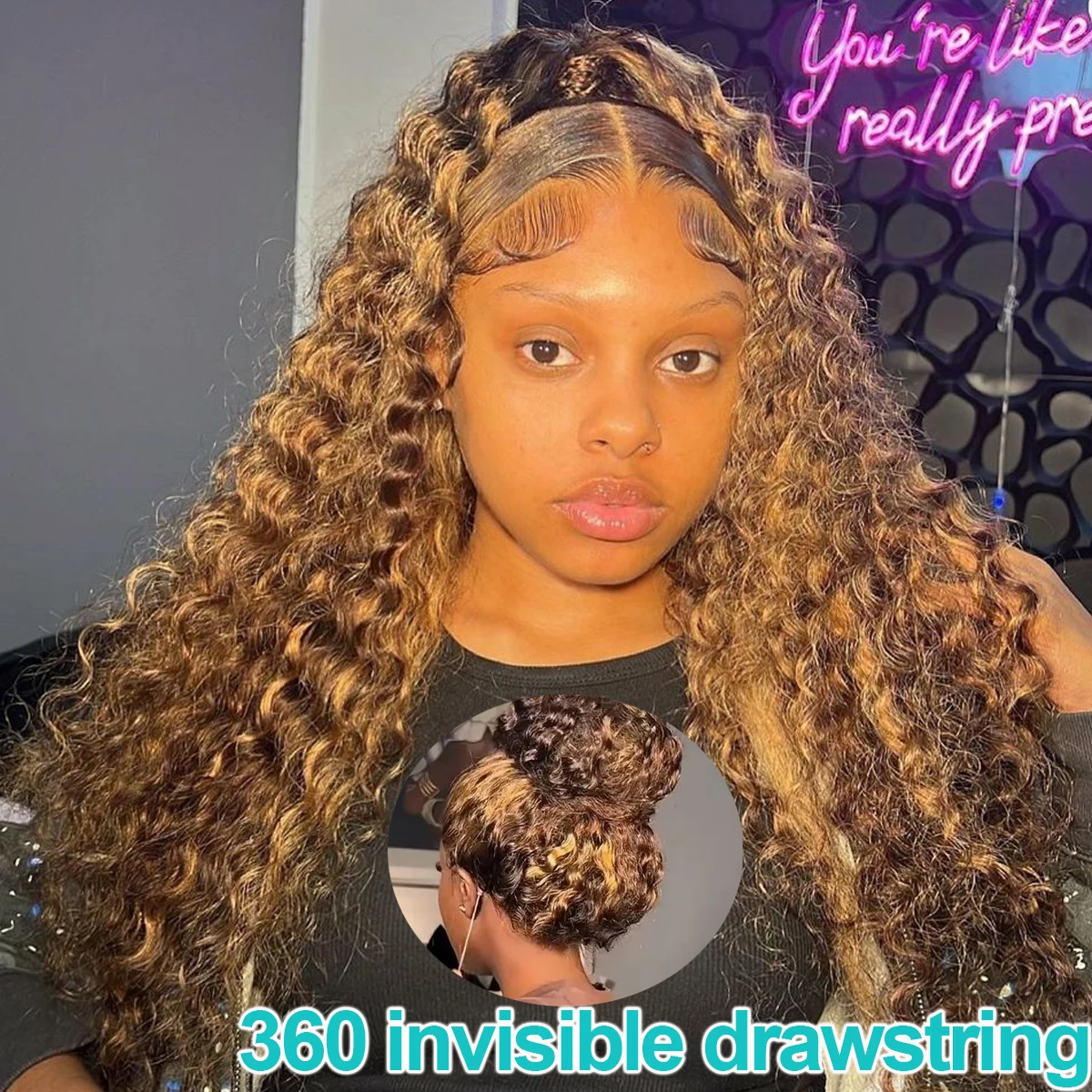Peruka typu lace front 360 z włosów naturalnych, 30 cali, odcień 427 Highlight Omber, z ukrytym paskiem, głęboka fala, peruka full lace frontal HD, wstępnie wyskubana, kręcona.