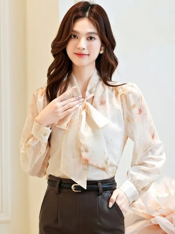 

French Sle Long Sve Knot Printed irt Women's Autumn Winter Gold Embroidery Blouse Ele Top Polyester Fiber