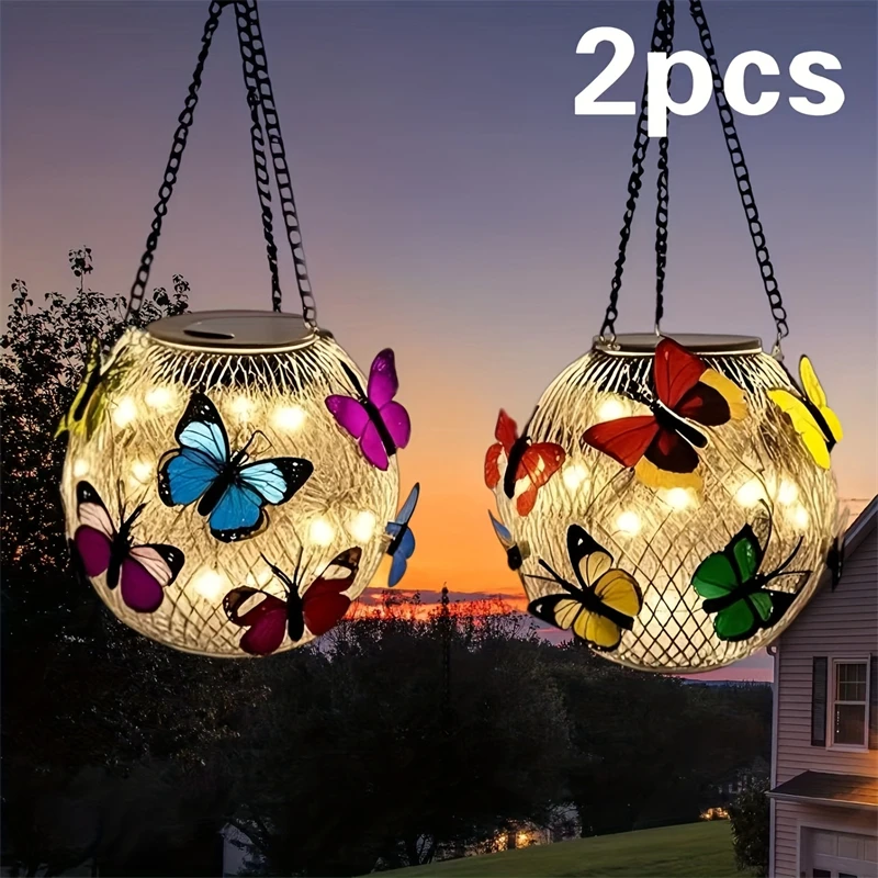 

2 упаковки уличных фонарей на солнечной энергии, водонепроницаемые металлические полые подвесные светильники с цепочкой для сада, патио, двора, теплый белый цвет