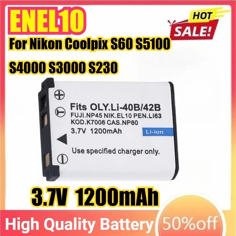 

ENEL10 EN-EL10 3.7V 1200mAh Camera Battery For Nikon Coolpix S60 S5100 S4000 S3000 S230 S200 S220 S700 S500 S510 S520 S570 S600