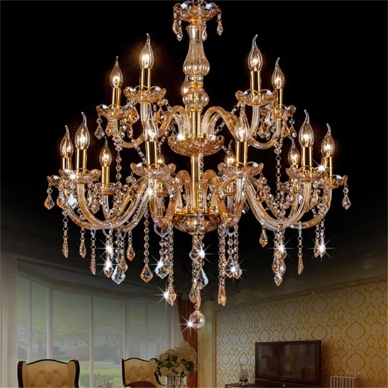 

European Style Chandelier Lamp LED Crystal Pendant Candle Amber Light Fixtures Indoor for Home Hotel Hall