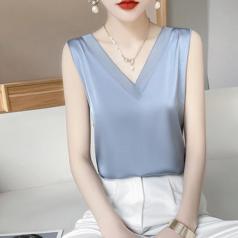 

Summer New Silk Camisole Women's V-Neck Mesh Gauze Foreign Style Bottoming Loose All-Match Outer Wear Women's Tops