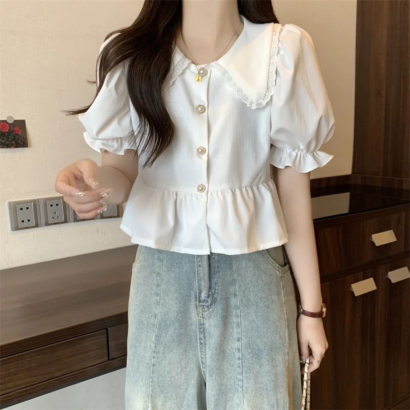 Shirts Dames Katoenmix Opstaande kraag Geplooid Lange mouw Zakelijk Formeel Chique knoopblouse voor studenten Preppy stijl Dagelijks