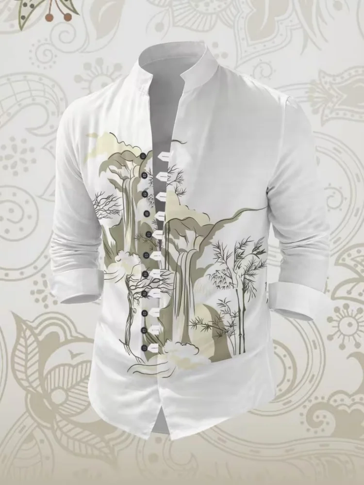 New Chinese style men's stand-up collar long-sleeved shirt with ink painting landscape and bamboo print, versatile cardigan top