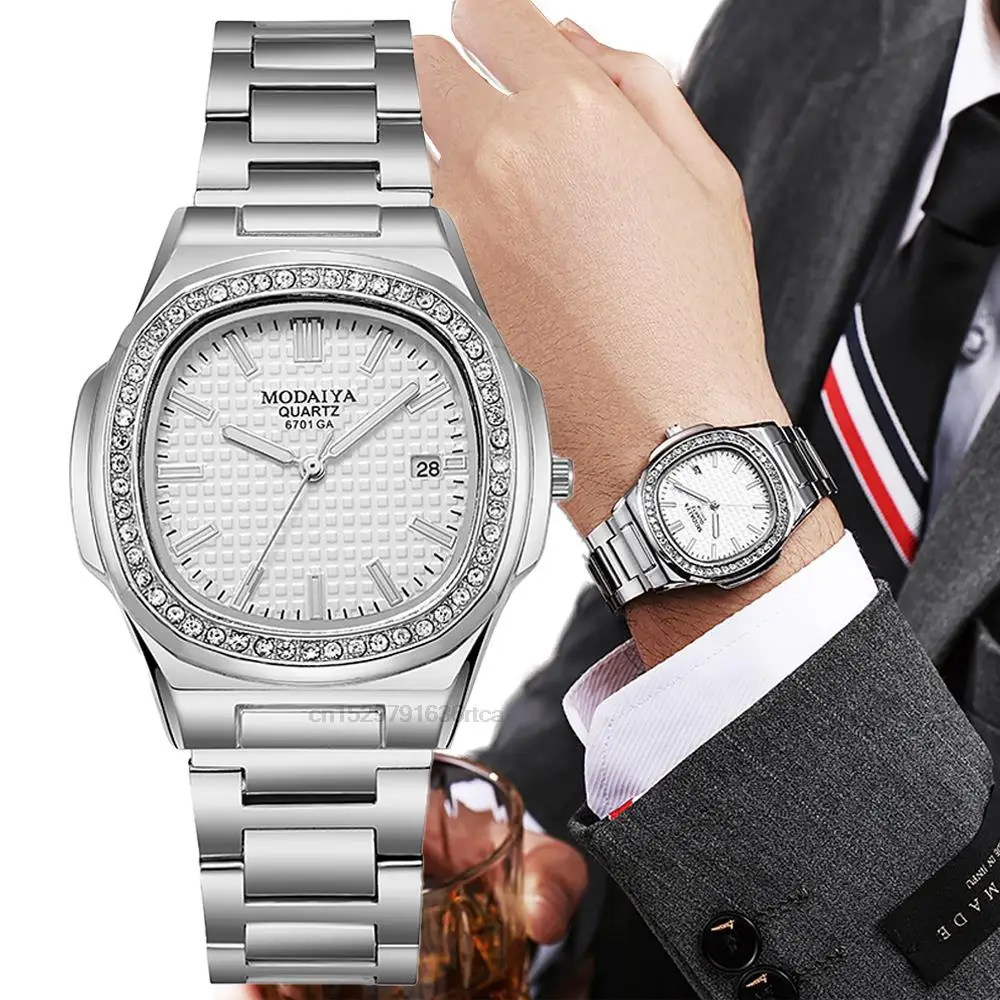 

Luxury 2022 Simple With Diamonds Calendar Men's Quartz Watches High Quality Stainless Steel Silver Folding Clasp Men's Watch