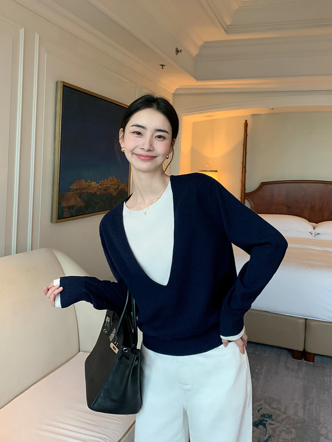 

Maven Lin Woolen Knitted Loose Long Sve U-Ne Fake Two-Piece Women's Top Ele Casual Winter Faion