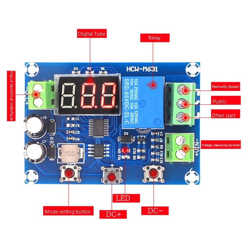 Bateria carga descarga módulo com voltímetro, subtensão sobretensão proteção temporização função, HCW-M631, DC6-40V