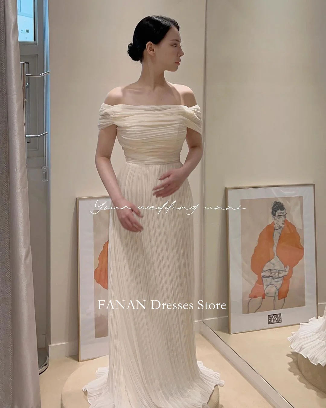 

FANAN Off the Shoulder Korea Ivory Chiffon Wedding Dresses 웨딩드레스 Custom Made A-Line Corset Floor Length Bride Gowns Plus Size