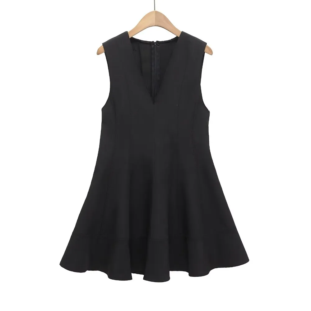 GELITAYIN Black Evening Dress SpringFall Deep V-Neck Sleeveless Ruffle Hem Elegant Office To Dinner Outfit