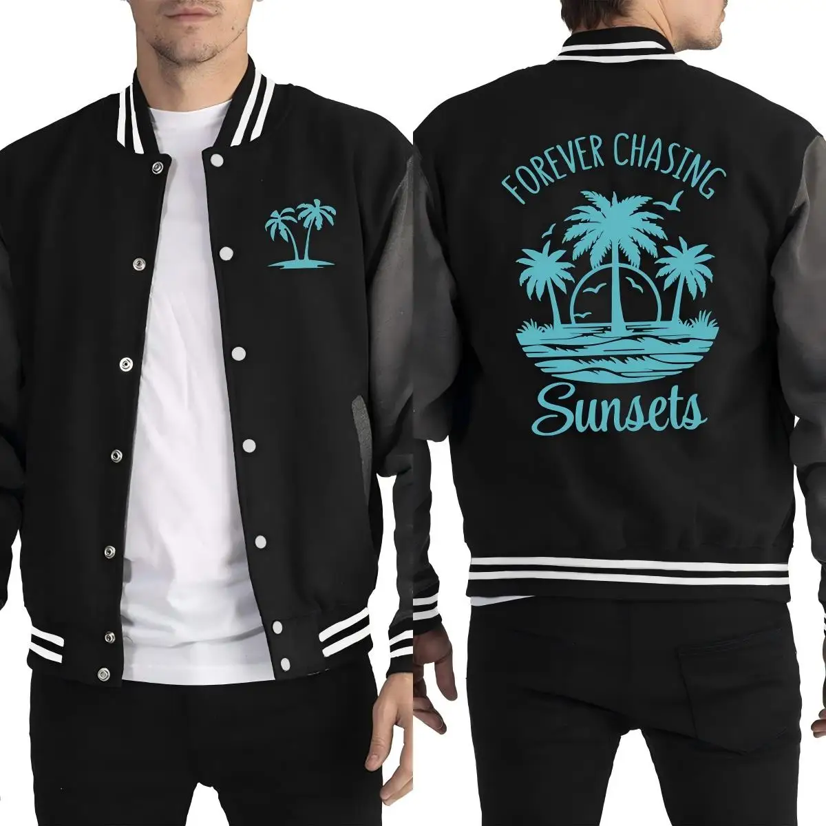 

Forever Chasing Sunsets Beach Printing Men Streetwear Oversized Button Baseball Uniform Autumn Sport Clothes Fleece Jacket
